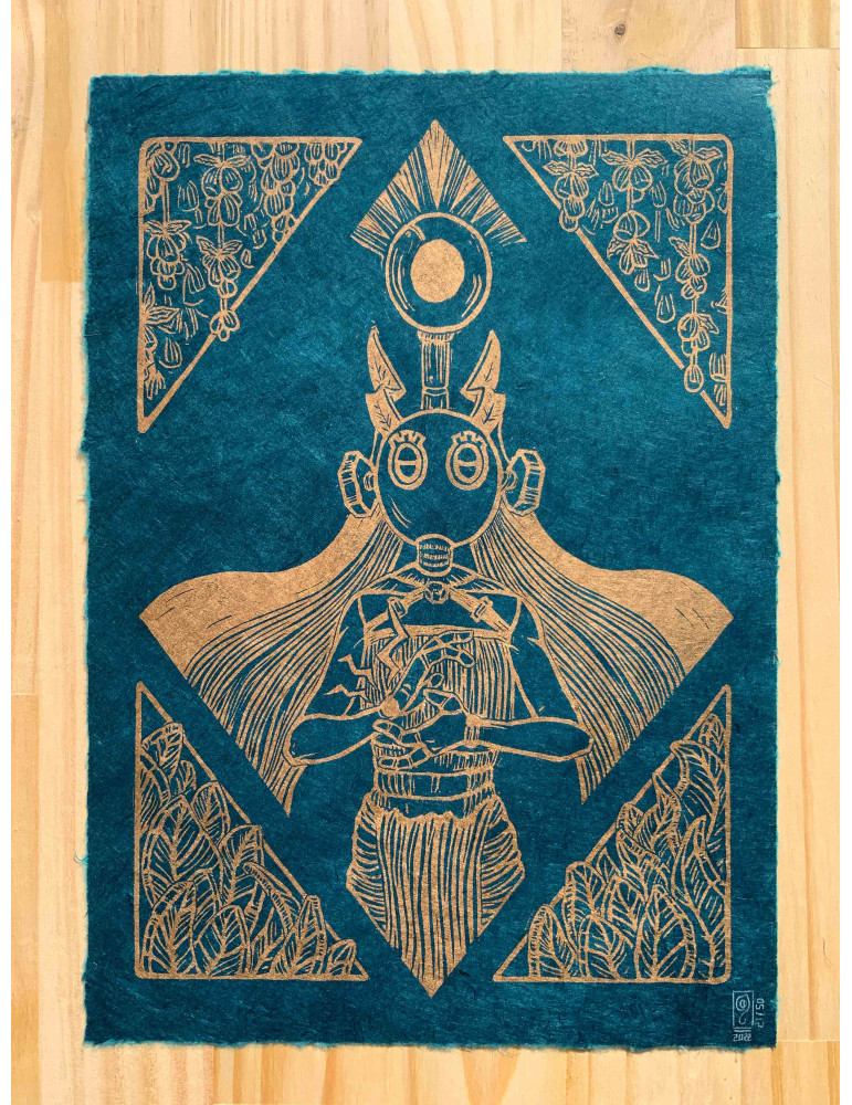 Linogravure "Grou" en bleu pétrole Linogravure "Grou" en bleu pétrole